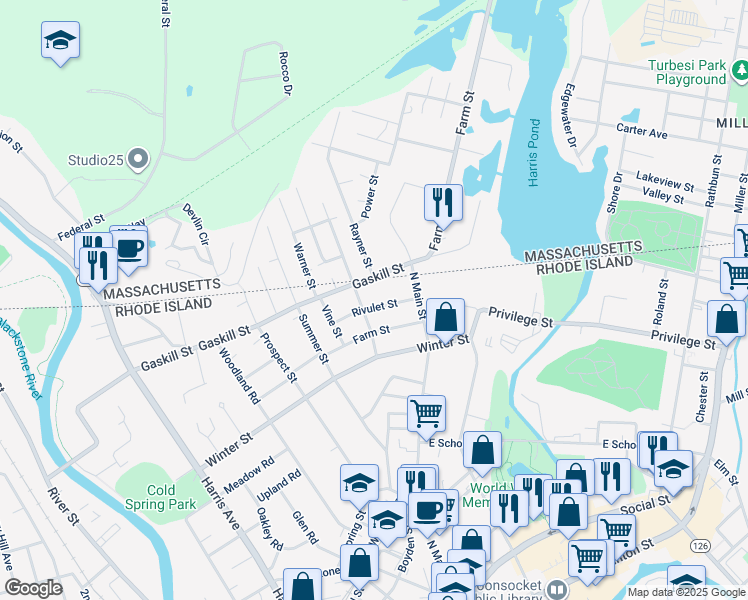 map of restaurants, bars, coffee shops, grocery stores, and more near 98 Rivulet Street in Woonsocket