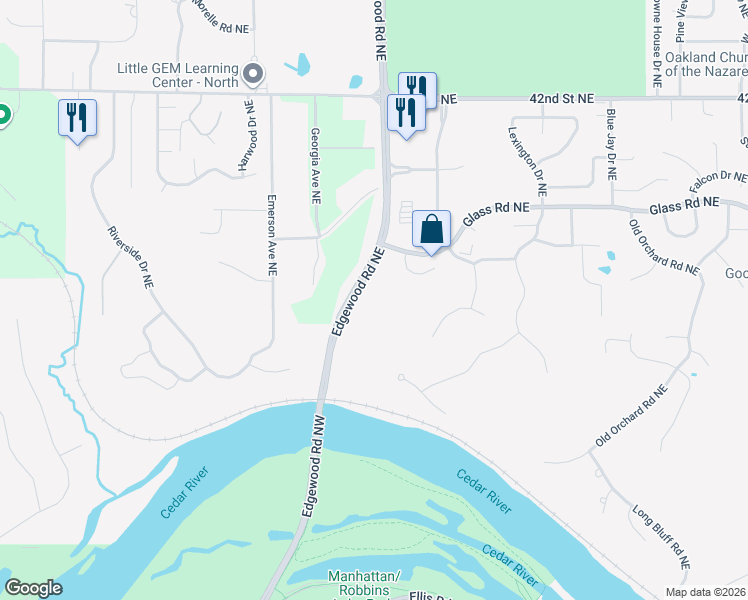 map of restaurants, bars, coffee shops, grocery stores, and more near 3500 Edgewood Road Northeast in Cedar Rapids