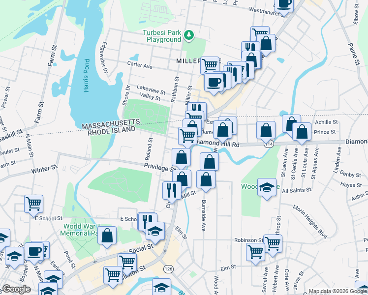 map of restaurants, bars, coffee shops, grocery stores, and more near 1047 Social Street in Woonsocket