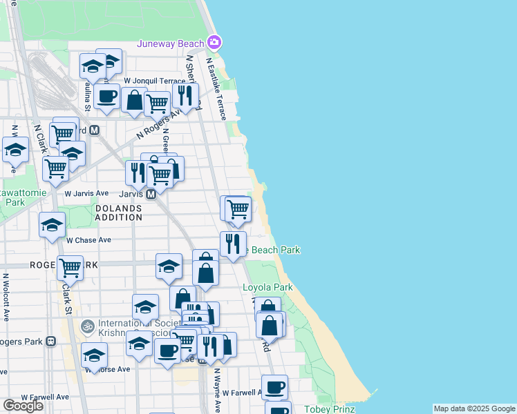 map of restaurants, bars, coffee shops, grocery stores, and more near 1215 West Sherwin Avenue in Chicago