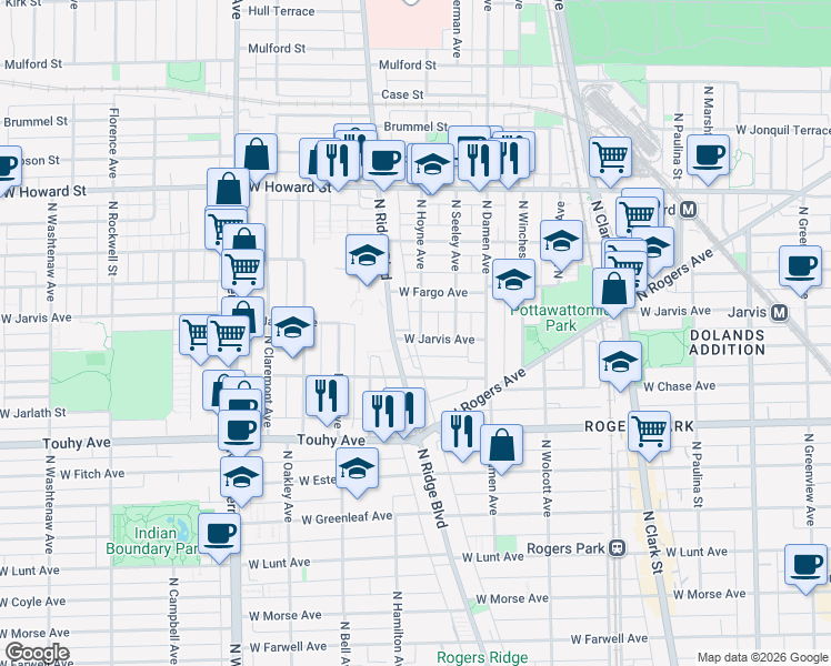map of restaurants, bars, coffee shops, grocery stores, and more near 2055 West Jarvis Avenue in Chicago