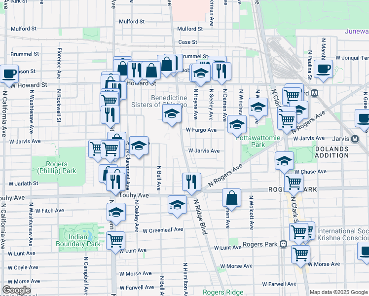 map of restaurants, bars, coffee shops, grocery stores, and more near 7345a West Jarvis Avenue in Chicago