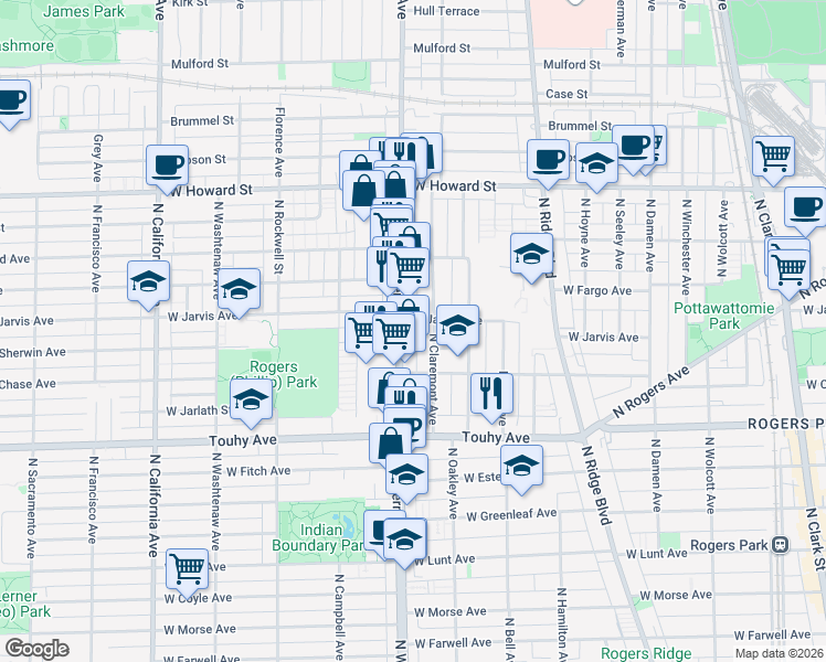 map of restaurants, bars, coffee shops, grocery stores, and more near 7335 North Western Avenue in Chicago