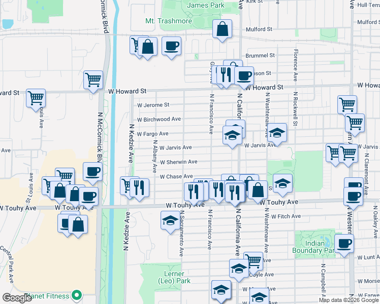 map of restaurants, bars, coffee shops, grocery stores, and more near 2938 West Sherwin Avenue in Chicago