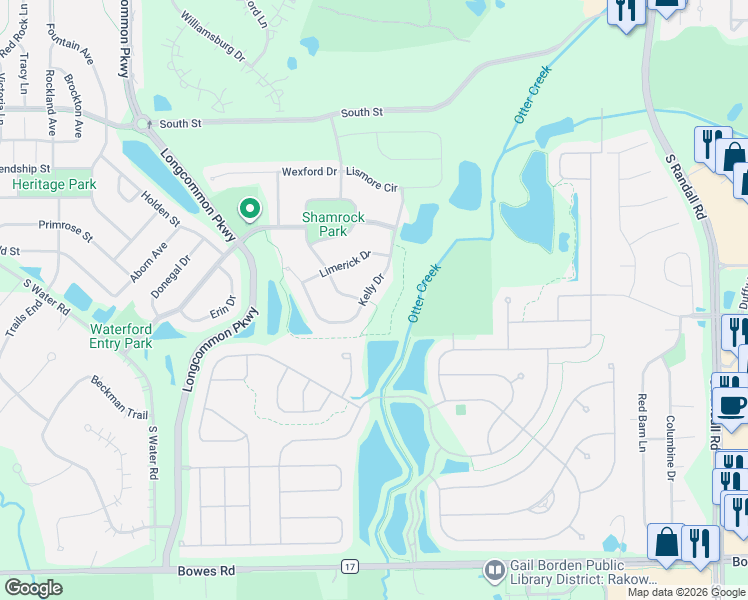 map of restaurants, bars, coffee shops, grocery stores, and more near 2929 Kelly Drive in Elgin