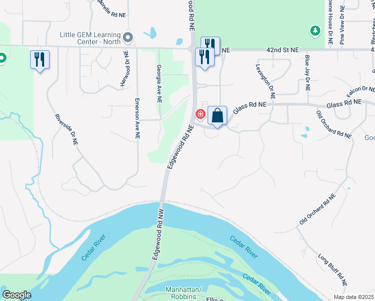 map of restaurants, bars, coffee shops, grocery stores, and more near 3500 Edgewood Road Northeast in Cedar Rapids