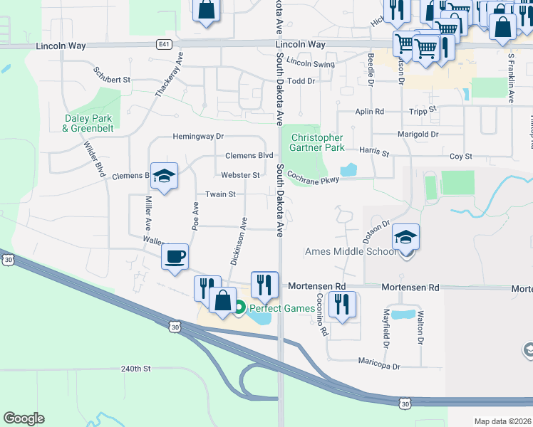 map of restaurants, bars, coffee shops, grocery stores, and more near 4525 Steinbeck Street in Ames