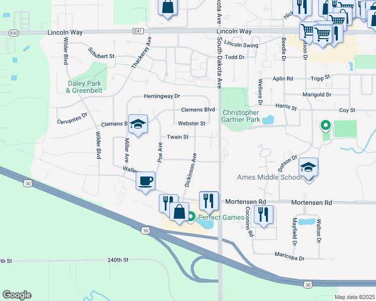 map of restaurants, bars, coffee shops, grocery stores, and more near 841 Dickinson Avenue in Ames