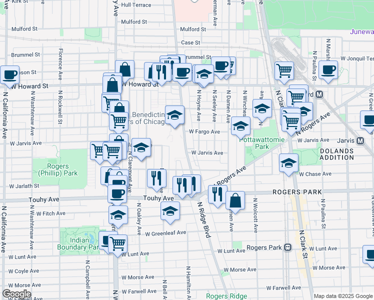 map of restaurants, bars, coffee shops, grocery stores, and more near 7345a West Jarvis Avenue in Chicago