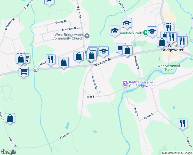 map of restaurants, bars, coffee shops, grocery stores, and more near 36 Charles Street in West Bridgewater