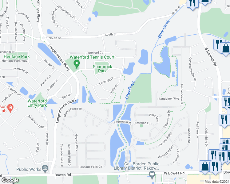 map of restaurants, bars, coffee shops, grocery stores, and more near 2929 Kelly Drive in Elgin
