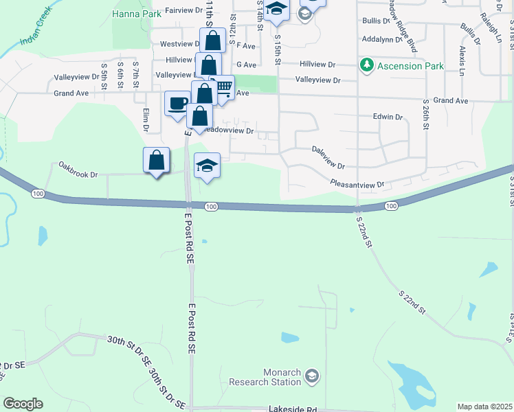 map of restaurants, bars, coffee shops, grocery stores, and more near Iowa 100 in Cedar Rapids