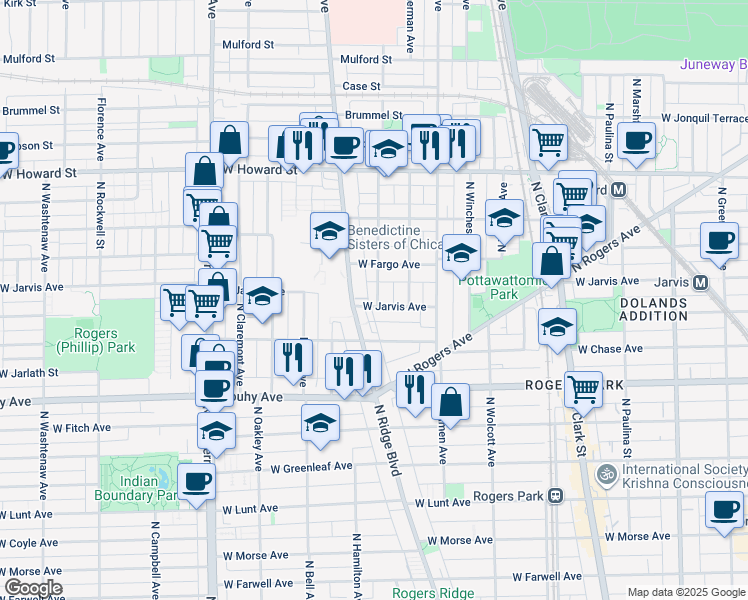 map of restaurants, bars, coffee shops, grocery stores, and more near 7340 North Hoyne Avenue in Chicago