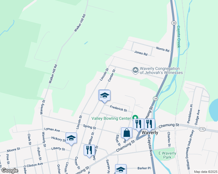 map of restaurants, bars, coffee shops, grocery stores, and more near 196 Center St in Waverly