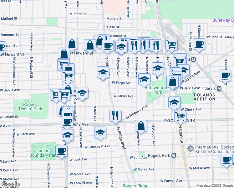 map of restaurants, bars, coffee shops, grocery stores, and more near 7340 North Hoyne Avenue in Chicago