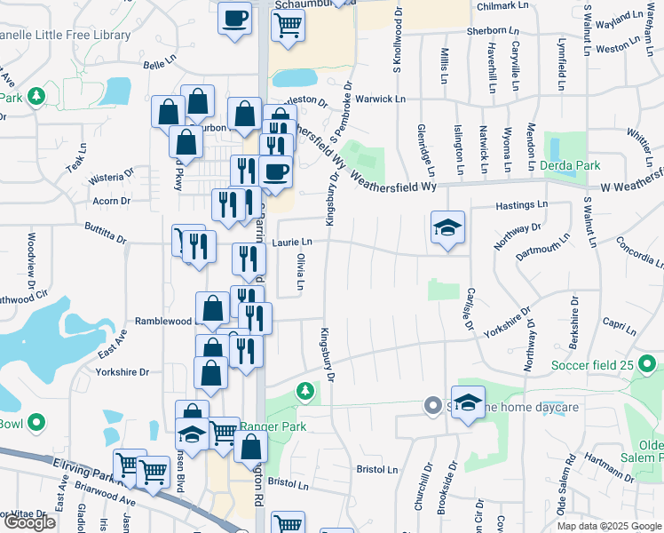 map of restaurants, bars, coffee shops, grocery stores, and more near 8061 Kingsbury Drive in Hanover Park