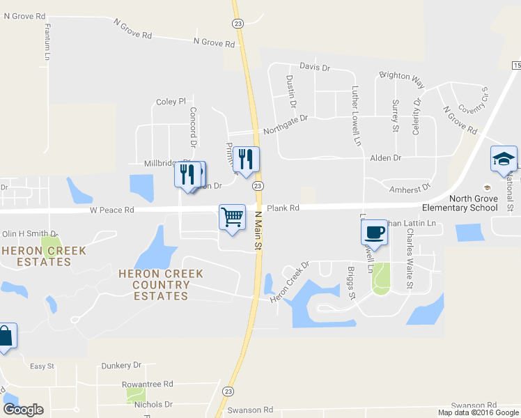 map of restaurants, bars, coffee shops, grocery stores, and more near 14000 Plank Road in Sycamore
