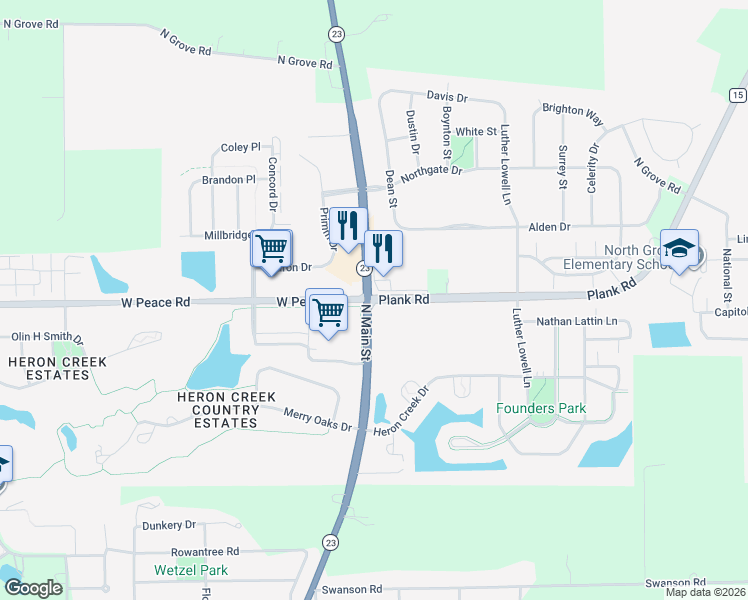 map of restaurants, bars, coffee shops, grocery stores, and more near 14000 Plank Road in Sycamore