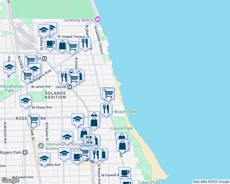 map of restaurants, bars, coffee shops, grocery stores, and more near 1215 West Sherwin Avenue in Chicago