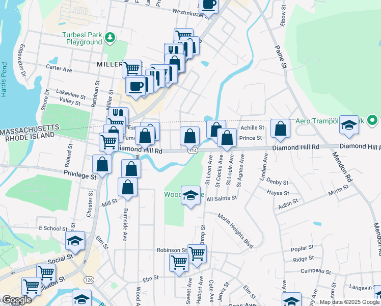 map of restaurants, bars, coffee shops, grocery stores, and more near 665 Diamond Hill Road in Woonsocket