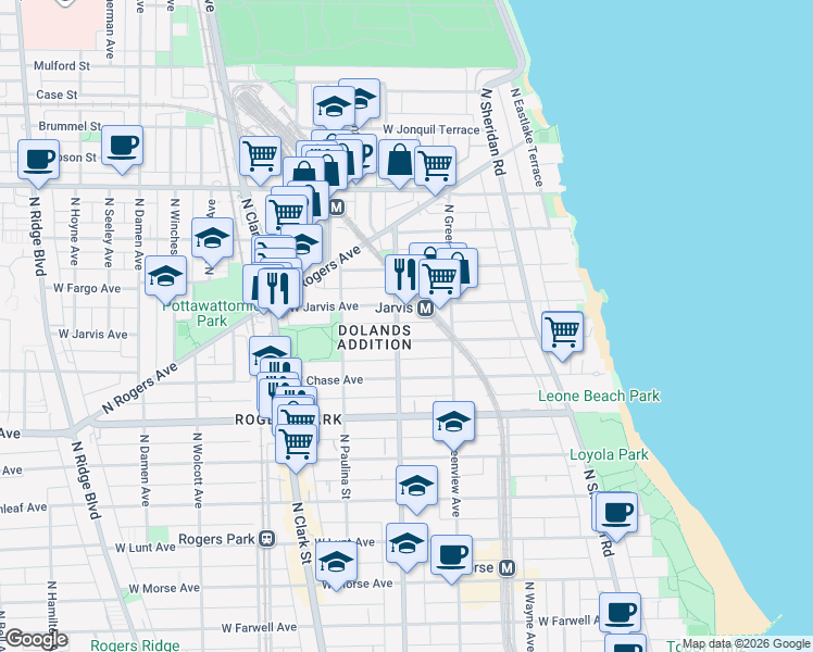 map of restaurants, bars, coffee shops, grocery stores, and more near 1600 West Sherwin Avenue in Chicago