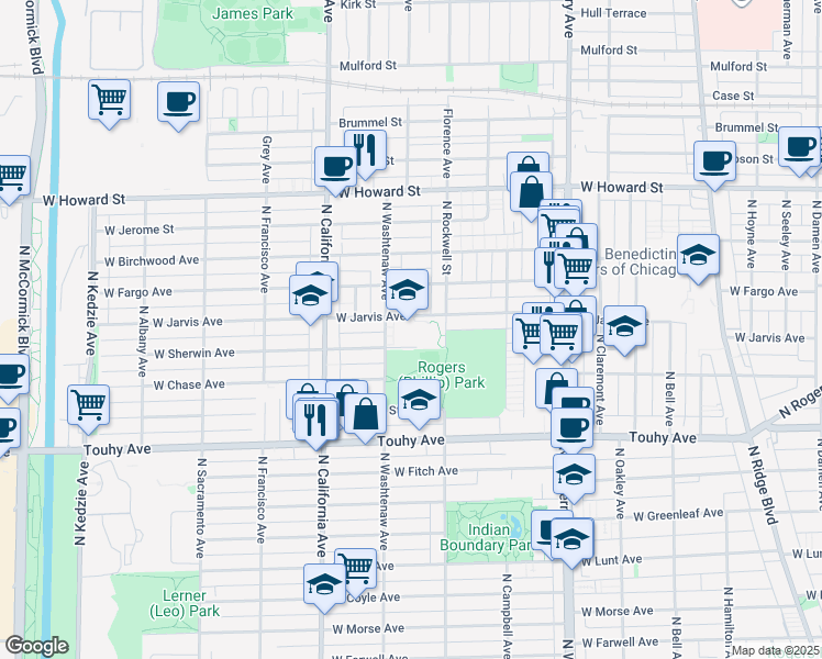map of restaurants, bars, coffee shops, grocery stores, and more near 7345 North Washtenaw Avenue in Chicago