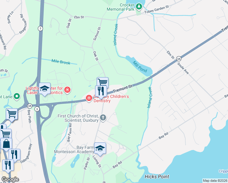 map of restaurants, bars, coffee shops, grocery stores, and more near 165 Tremont Street in Duxbury