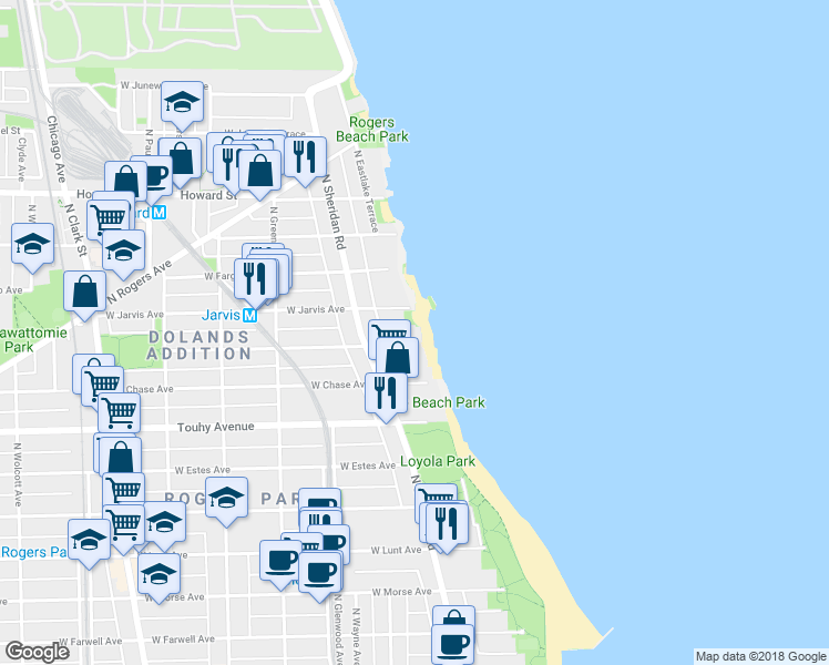 map of restaurants, bars, coffee shops, grocery stores, and more near 1215 West Sherwin Avenue in Chicago