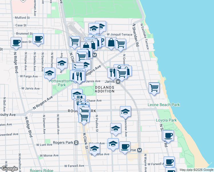 map of restaurants, bars, coffee shops, grocery stores, and more near 1600 West Sherwin Avenue in Chicago