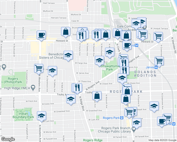 map of restaurants, bars, coffee shops, grocery stores, and more near 2015 West Jarvis Avenue in Chicago