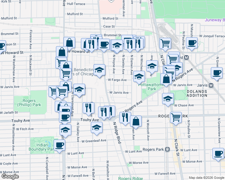 map of restaurants, bars, coffee shops, grocery stores, and more near 2055 West Jarvis Avenue in Chicago