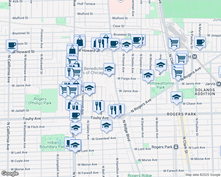 map of restaurants, bars, coffee shops, grocery stores, and more near 7333 North Bell Avenue in Chicago