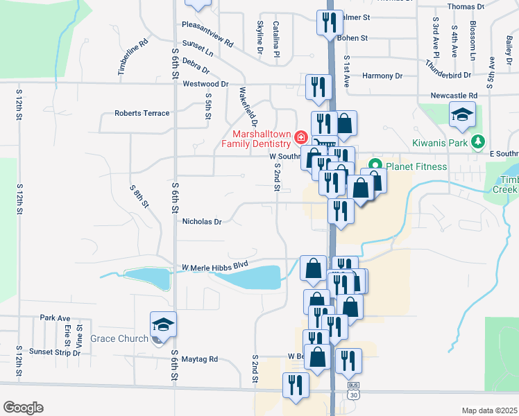 map of restaurants, bars, coffee shops, grocery stores, and more near 200-598 Nicholas Dr in Marshalltown