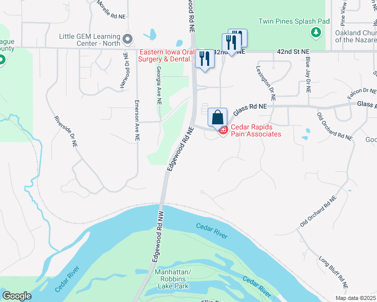 map of restaurants, bars, coffee shops, grocery stores, and more near 3500 Edgewood Road Northeast in Cedar Rapids
