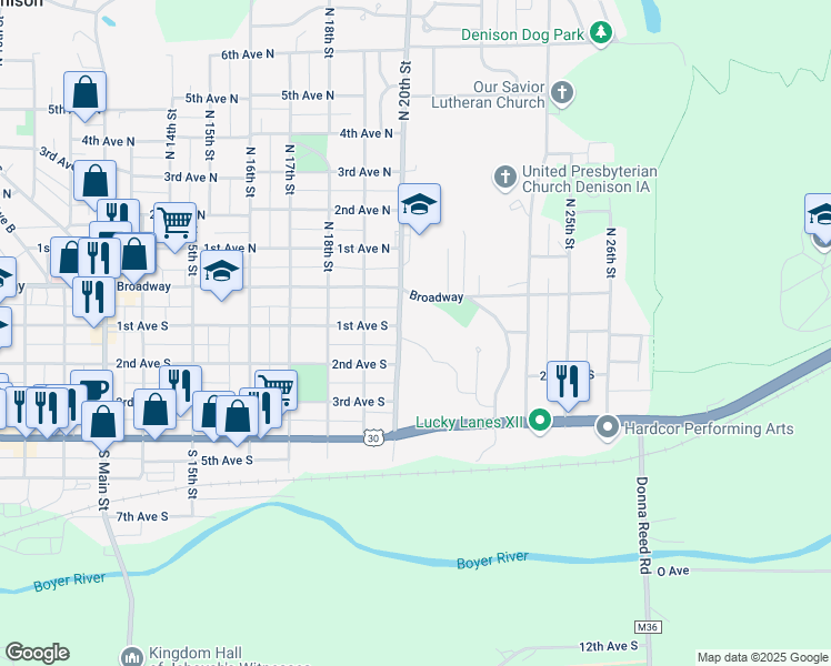map of restaurants, bars, coffee shops, grocery stores, and more near 2020 1st Avenue South in Denison