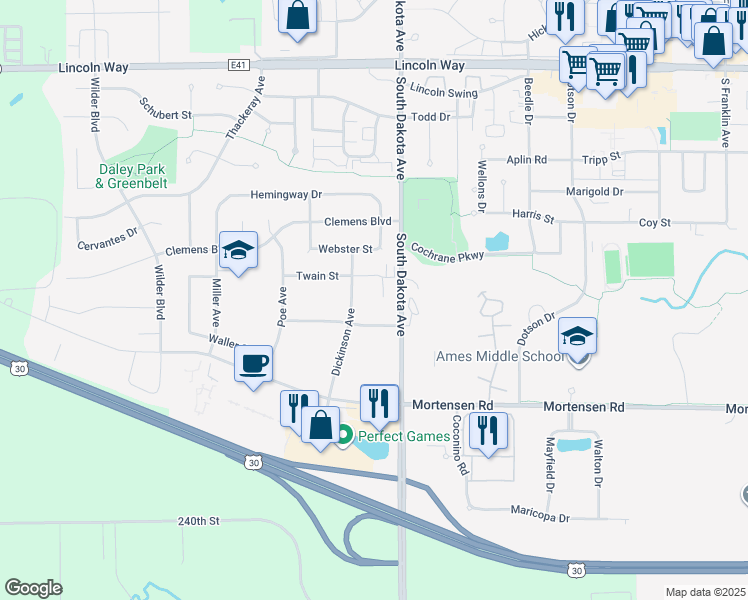 map of restaurants, bars, coffee shops, grocery stores, and more near 4525 Steinbeck Street in Ames