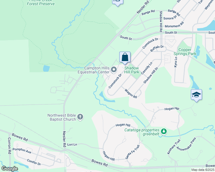 map of restaurants, bars, coffee shops, grocery stores, and more near 372 Comstock Drive in Elgin