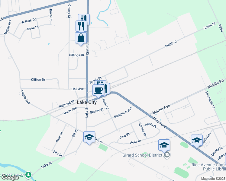 map of restaurants, bars, coffee shops, grocery stores, and more near 2261 Rice Avenue in Lake City