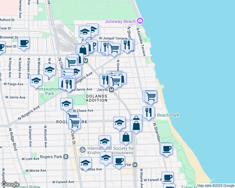 map of restaurants, bars, coffee shops, grocery stores, and more near 1516 West Sherwin Avenue in Chicago