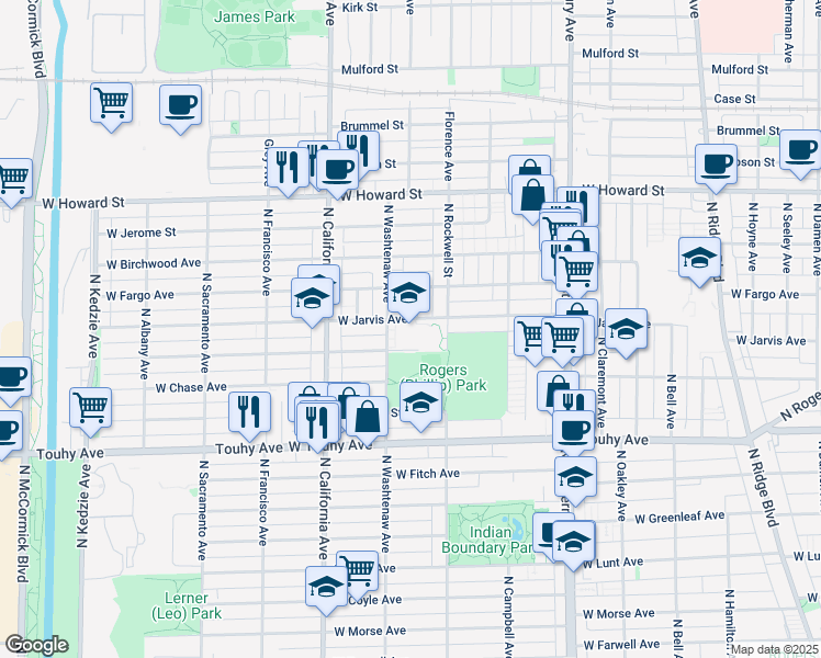 map of restaurants, bars, coffee shops, grocery stores, and more near 7345 North Washtenaw Avenue in Chicago