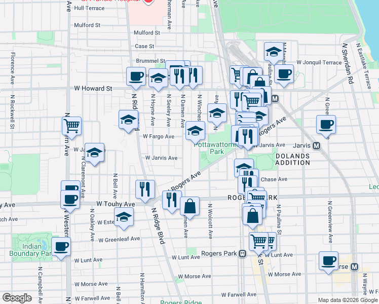 map of restaurants, bars, coffee shops, grocery stores, and more near 7330 North Winchester Avenue in Chicago