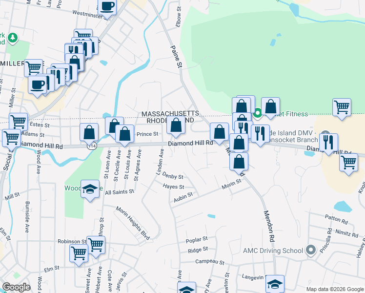 map of restaurants, bars, coffee shops, grocery stores, and more near 33 Theresa Marie Avenue in Woonsocket