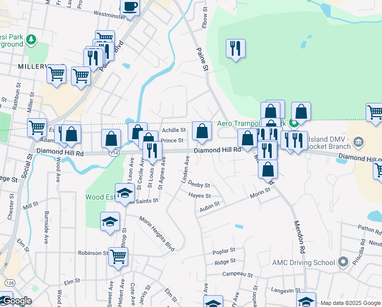 map of restaurants, bars, coffee shops, grocery stores, and more near 48 Linden Avenue in Woonsocket