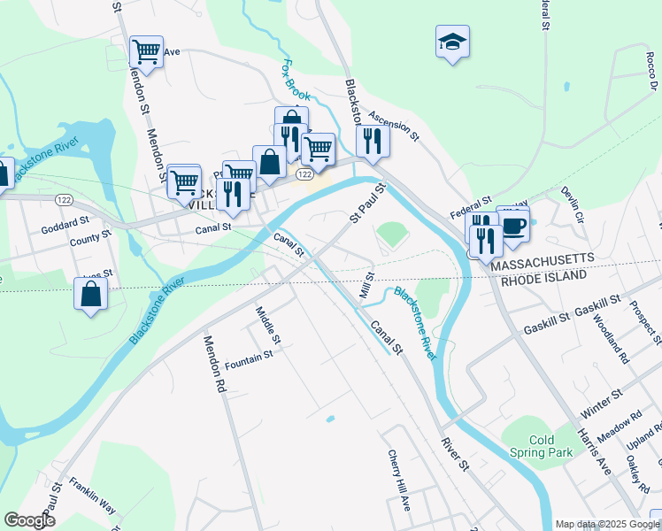 map of restaurants, bars, coffee shops, grocery stores, and more near 16 Canal Street in Blackstone