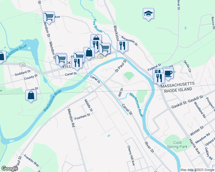 map of restaurants, bars, coffee shops, grocery stores, and more near 16 Canal Street in Blackstone