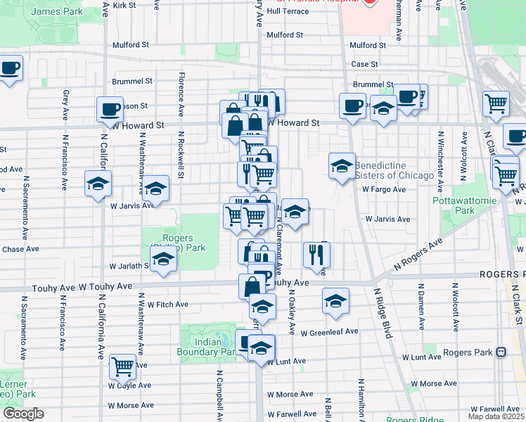 map of restaurants, bars, coffee shops, grocery stores, and more near 7335 North Western Avenue in Chicago