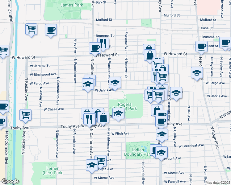 map of restaurants, bars, coffee shops, grocery stores, and more near 2627-2649 W Jarvis Ave in Chicago