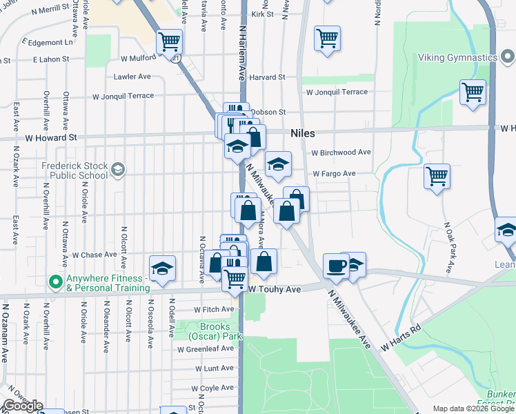map of restaurants, bars, coffee shops, grocery stores, and more near 7350 North Nora Avenue in Niles