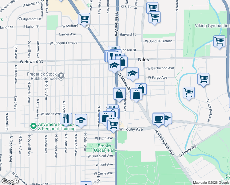 map of restaurants, bars, coffee shops, grocery stores, and more near 7350 North Harlem Avenue in Chicago