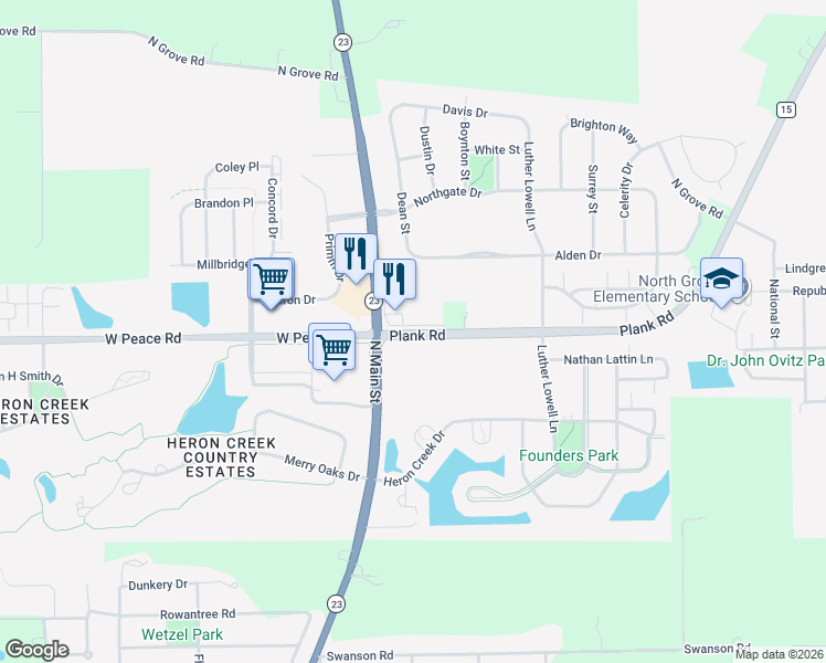 map of restaurants, bars, coffee shops, grocery stores, and more near 14000-14094 Plank Road in Sycamore